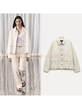 Jacket | Zara Eyelet Boxy Denim Jacket | 100% Cotton Cream Border Oversized | L